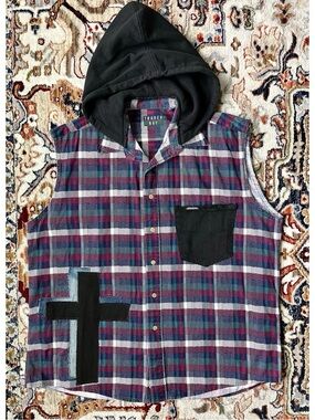 Cross Upcycled Plaid Shirt Grey White Unisex OOAK Jesus Christian L/XL